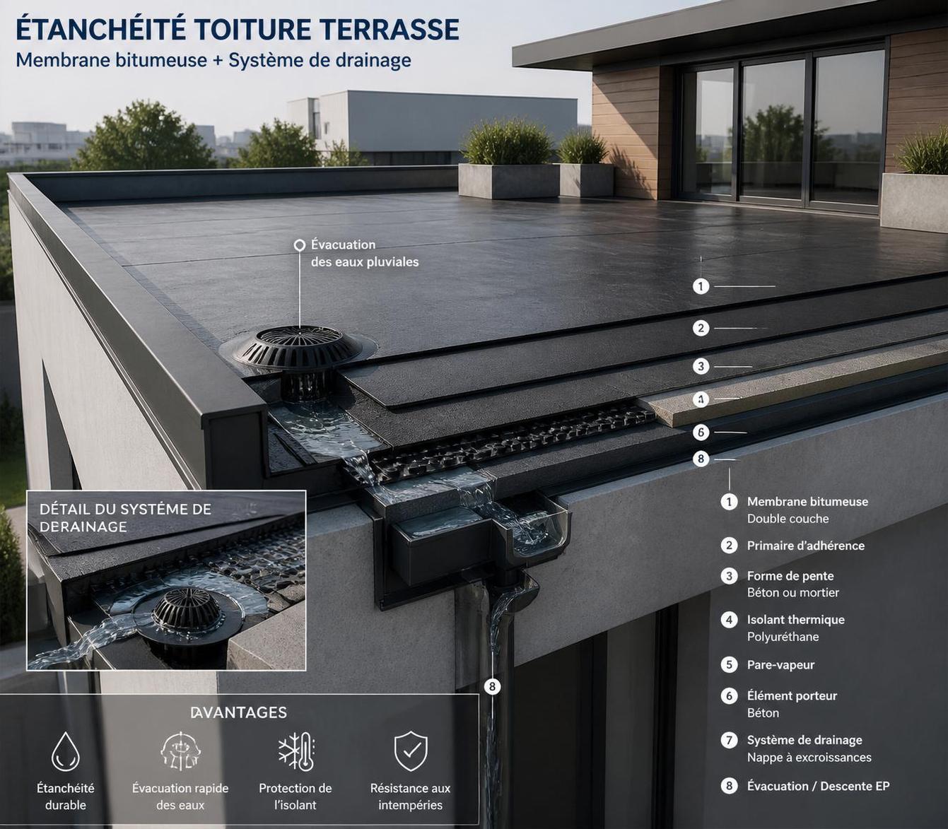découvrez les meilleurs matériaux pour l'étanchéité de votre toiture terrasse et apprenez comment prévenir efficacement les infiltrations d'eau.